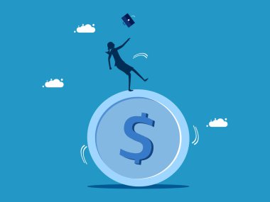 Mali sorunlar var. İş kadını bir madeni paraya takılıyor. vektör