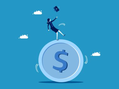 Mali sıkıntılar. İş kadını tökezliyor ve bozuk paranın üstüne düşüyor. vektör