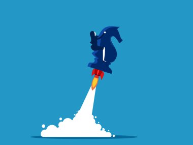 Başarı stratejisi. Satranç atı şövalyesiyle uçan iş kadını. Vektör