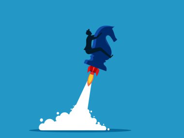 Agresif strateji. Satranç atıyla uçan bir iş adamı. Vektör