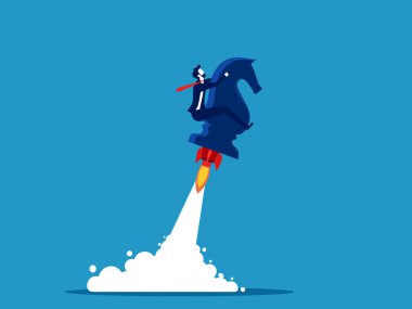 Başarı stratejisi. Satranç atıyla uçan bir iş adamı. Vektör