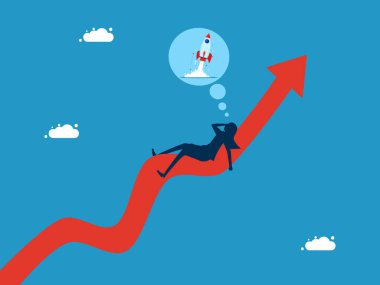 İş kadını uyuyor ve rüyasında bir roketin büyüme grafiğiyle gökyüzüne yükseldiğini görüyor. vektör