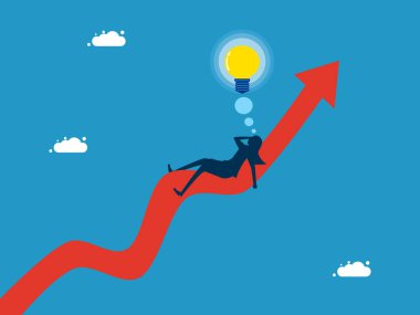 Yeni bir fikir buldum. Kadın uyuyor ve rüyasında büyüme grafiğinde bir ampul görüyor. vektör