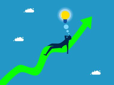 Beynini dinlendirmek yeni fikirler yaratır. İş adamı uyur ve büyüme grafiğinde bir ampul görmeyi hayal eder. vektör