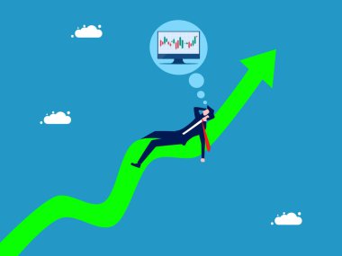 Büyüyen hisse senetleri. Uyuyan işadamları büyüme eğrisi grafiğinde hisse senedi grafiği görmeyi hayal ederler. Vektör