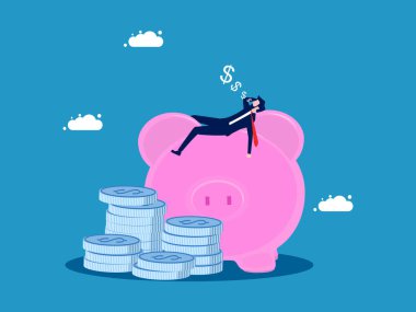 Emeklilikte finansal özgürlük. Kumbarada uyuyan bir işadamı ve bir yığın para taşıyıcısı.