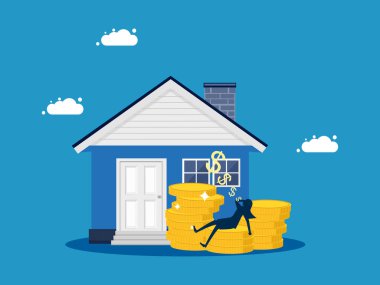 Finansal özgürlük. Para ve ev yığınları üzerinde uyuyan mutlu iş kadını. vektör