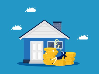 Erken emekli ol. Para ve ev yığınları üzerinde uyuyan mutlu iş kadını. vektör