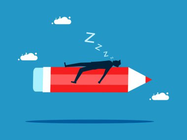 Düşüncelerini rahatlat. Kalemin üzerinde uyuyan bir iş adamı. Vektör