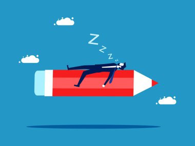 Biraz ara ver ve rahatla. Kalemin üzerinde uyuyan bir iş adamı. Vektör