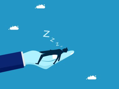İş desteği. Büyük eller üzerinde uyuyan bir iş adamı. vektör