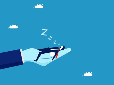 İş sığınağı. Büyük eller üzerinde uyuyan bir iş adamı. vektör illüstrasyonu