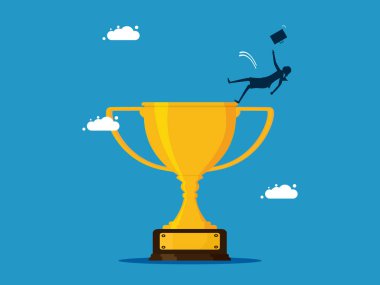 Riskli zafer. İş kadını kayıp ödül taşıyıcı illüstrasyonunun üzerine düşüyor