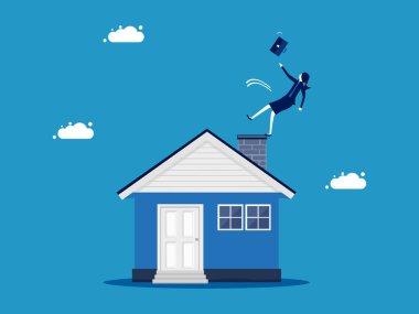 Evinle risk al. İş kadını kayıyor ve eve düşüyor. Vektör