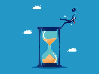 Zaman çok riskli. İş adamı kayıp kum saatinin üzerine düşmüş. Vektör illüstrasyonu