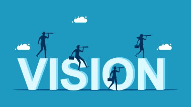 Gelecekteki iş görüşü kavramı. Dürbün vektörü olan iş adamları takımı