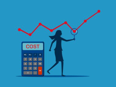 Maliyet yönetimi. İş kadını, maliyet grafiğini hesap makinesi vektörü ile analiz etmek için büyüteç kullanır