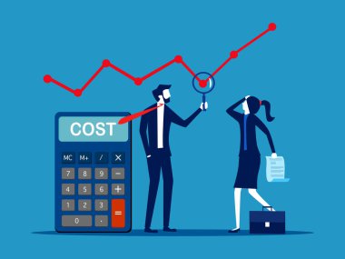 Çizelge analizinde iş stratejileri. İş adamı, maliyet grafiğini hesap makinesi vektörü ile analiz etmek için büyüteç kullanır