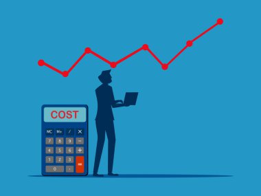 Maliyet çizelgesi analizi. Maliyet grafiği ve hesap makinesi vektörünü analiz eden dizüstü bilgisayarlı bir işadamı