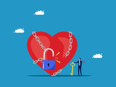 Kalbini aç. İş adamı anahtarla kalbini zincirlerinden çıkarır. Vektör