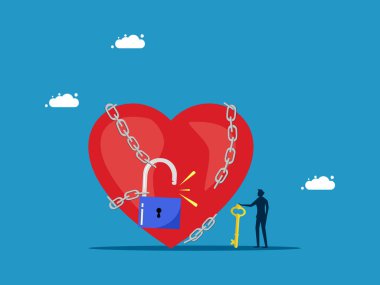 Cesur yürek. İş adamı anahtarla kalbi zincirlerinden çıkarır. Vektör