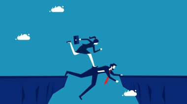 Bencil çalışanlar. İş liderleri, diğerlerini uçurumdan atmak için kendilerini köprü olarak kullanırlar. vektör