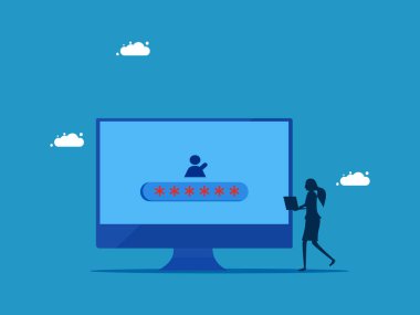 İş bilgilerine erişim. İş kadını açmak için dizüstü bilgisayar tutuyor. Vektör