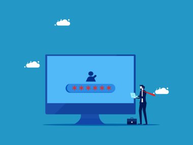 İş bilgilerine erişim. İşadamı açmak için dizüstü bilgisayarı tutuyor. Vektör