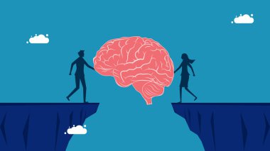 Engelleri aşmak için beyin fırtınası fikirleri. İki işadamı uçurumun üstüne bir beyin köprüsü inşa ediyor. Vektör