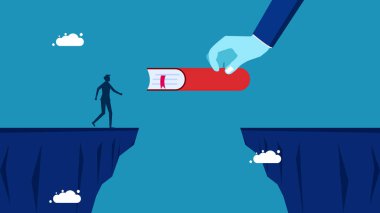 Engellerin nasıl üstesinden gelineceğini öğretiyorum. İşadamı, kitap köprüsünü uçurumdan aşağı veriyor. vektör