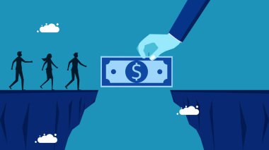 Krizle mücadele için kaynak sağlayın. İşadamı müdürü bir uçurumdan aşağı bir köprü verdi. Vektör