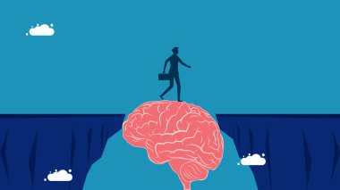 Beyninle engellerin üstesinden gel. İş adamı bir uçurumdan beyin köprüsüne doğru yürür. Vektör