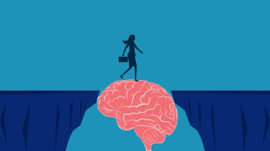 Engellerin ötesinde kavram. İş kadını bir uçurumdan beyin köprüsüne doğru yürüyor. Vektör