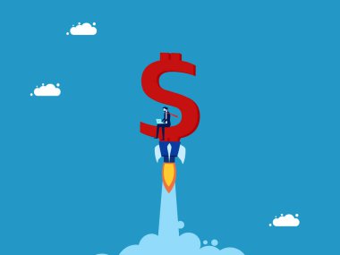 Kâr hızla büyüdü. İşadamı dolar işareti vektörü üzerine dizüstü bilgisayarla çalışıyor