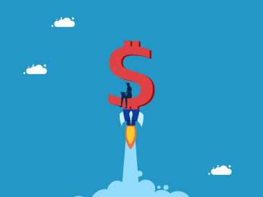 Para çabuk büyüyor. İşadamı dolar işareti vektörü üzerine dizüstü bilgisayarla çalışıyor