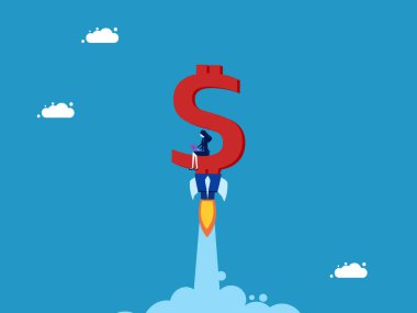 Para çabuk büyüyor. İş kadını dolar işareti vektörü üzerine dizüstü bilgisayarla çalışıyor