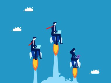 İş rekabeti, iş büyümesini hızlandırmak. Dizüstü bilgisayarlarla çalışan bir grup işadamı roketlerle gökyüzüne uçuyor. Vektör