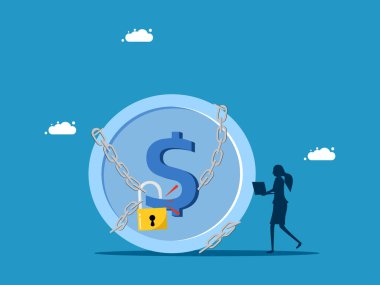 Finansal sorunları çöz. İş kadını zincir vektöründen gelen parayı açıyor