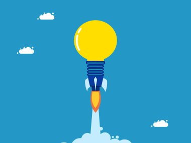 İş kurma fikri. Ampul roketi gökyüzü vektörüne yükseliyor