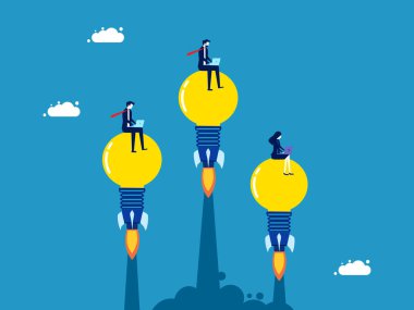 Rekabetçi düşünce, takım yaratıcılığı. Bir ampul roketi üzerinde çalışan iş adamları ekibi gökyüzü vektörüne doğru süzülüyor.