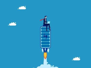 Tam güçte çalışıyor. İşadamı dizüstü bilgisayarla roket bataryası üzerinde çalışıyor. Vektör