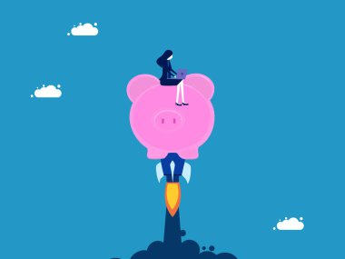 Para biriktirmek için çalış. İş kadını bir roket kumbarasıyla gökyüzünde süzülüyor. Vektör