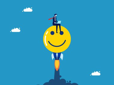 İş yerinde mutluluk. Mutluluk ikonu üzerinde çalışan bir iş adamı. Vektör