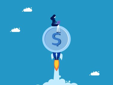 Para kazanmak için çalış. Roket paralarla uçan iş kadını. Vektör