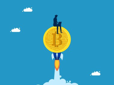 Bitcoin üzerinde çalışan bir işadamı, gökyüzünde uçan bir roket. vektör