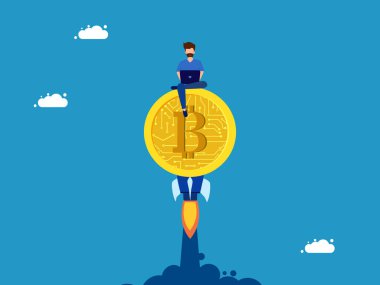 Dijital para birimleri büyüyor. Bitcoin üzerinde çalışan bir adam, gökyüzünde uçan bir roket. vektör