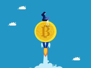 Dijital para birimleri büyüyor. Bitcoin üzerinde çalışan iş kadını, gökyüzünde uçan bir roket. vektör