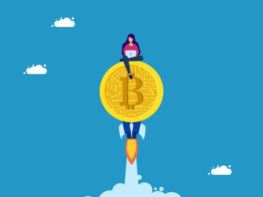 Dijital para birimleri yükseliyor. Bitcoin üzerinde çalışan bir kadın, gökyüzünde uçan bir roket. vektör