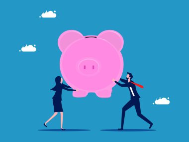 Yatırım için para biriktiriyorum. İki işadamı büyük bir kumbarayı bir arada tutuyor. vektör