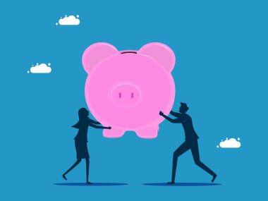 Kurtarmak için birlikte çalışın. İki işadamı büyük bir domuz kumbarası taşıyacak.